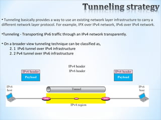 • Tunneling basically provides a way to use an existing network layer infrastructure to carry a 
different network layer protocol. For example, IPX over IPv4 network, IPv6 over IPv4 network.

•Tunneling - Transporting IPv6 traffic through an IPv4 network transparently.

• On a broader view tunneling technique can be classified as,
     2. 1  IPv6 tunnel over IPv4 infrastructure
     2. 2 Pv4 tunnel over IPv6 infrastructure


                                         IPv4 header
                                          IPv6 header
                                           Payload
 