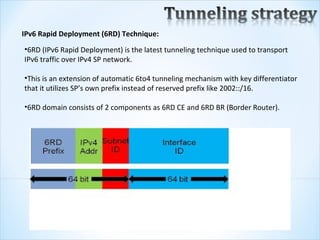 IPv6 Rapid Deployment (6RD) Technique:
•6RD (IPv6 Rapid Deployment) is the latest tunneling technique used to transport 
IPv6 traffic over IPv4 SP network. 

•This is an extension of automatic 6to4 tunneling mechanism with key differentiator 
that it utilizes SP’s own prefix instead of reserved prefix like 2002::/16. 

•6RD domain consists of 2 components as 6RD CE and 6RD BR (Border Router).
 