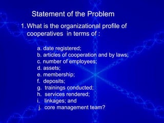 Statement of the Problem What is the organizational profile of cooperatives  in terms of : a. date registered; b. articles of cooperation and by laws;  c. number of employees; d. assets;  e. membership; f.  deposits;  g.  trainings conducted; h.  services rendered; i.  linkages; and j.  core management team?  