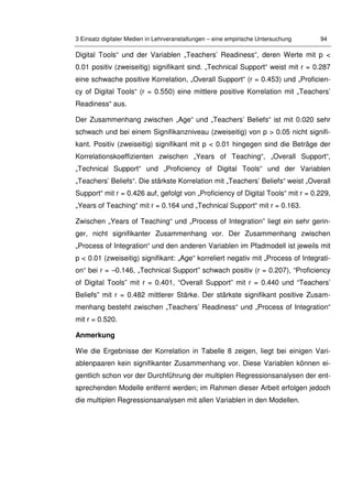 3 Einsatz digitaler Medien in Lehrveranstaltungen – eine empirische Untersuchung 94
Digital Tools“ und der Variablen „Teachers’ Readiness“, deren Werte mit p <
0.01 positiv (zweiseitig) signifikant sind. „Technical Support“ weist mit r = 0.287
eine schwache positive Korrelation, „Overall Support“ (r = 0.453) und „Proficien-
cy of Digital Tools“ (r = 0.550) eine mittlere positive Korrelation mit „Teachers’
Readiness“ aus.
Der Zusammenhang zwischen „Age“ und „Teachers’ Beliefs“ ist mit 0.020 sehr
schwach und bei einem Signifikanzniveau (zweiseitig) von p > 0.05 nicht signifi-
kant. Positiv (zweiseitig) signifikant mit p < 0.01 hingegen sind die Beträge der
Korrelationskoeffizienten zwischen „Years of Teaching“, „Overall Support“,
„Technical Support“ und „Proficiency of Digital Tools“ und der Variablen
„Teachers’ Beliefs“. Die stärkste Korrelation mit „Teachers’ Beliefs“ weist „Overall
Support“ mit r = 0.426 auf, gefolgt von „Proficiency of Digital Tools“ mit r = 0.229,
„Years of Teaching“ mit r = 0.164 und „Technical Support“ mit r = 0.163.
Zwischen „Years of Teaching“ und „Process of Integration” liegt ein sehr gerin-
ger, nicht signifikanter Zusammenhang vor. Der Zusammenhang zwischen
„Process of Integration“ und den anderen Variablen im Pfadmodell ist jeweils mit
p < 0.01 (zweiseitig) signifikant: „Age“ korreliert negativ mit „Process of Integrati-
on“ bei r = –0.146, „Technical Support” schwach positiv (r = 0.207), “Proficiency
of Digital Tools” mit r = 0.401, “Overall Support” mit r = 0.440 und “Teachers’
Beliefs” mit r = 0.482 mittlerer Stärke. Der stärkste signifikant positive Zusam-
menhang besteht zwischen „Teachers’ Readiness“ und „Process of Integration“
mit r = 0.520.
Anmerkung
Wie die Ergebnisse der Korrelation in Tabelle 8 zeigen, liegt bei einigen Vari-
ablenpaaren kein signifikanter Zusammenhang vor. Diese Variablen können ei-
gentlich schon vor der Durchführung der multiplen Regressionsanalysen der ent-
sprechenden Modelle entfernt werden; im Rahmen dieser Arbeit erfolgen jedoch
die multiplen Regressionsanalysen mit allen Variablen in den Modellen.
 