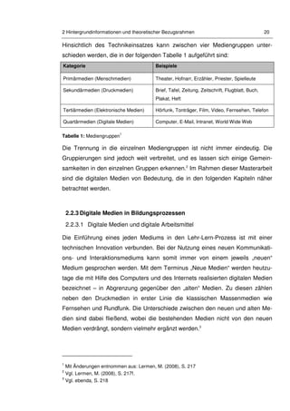 2 Hintergrundinformationen und theoretischer Bezugsrahmen 20
Hinsichtlich des Technikeinsatzes kann zwischen vier Mediengruppen unter-
schieden werden, die in der folgenden Tabelle 1 aufgeführt sind:
Kategorie Beispiele
Primärmedien (Menschmedien) Theater, Hofnarr, Erzähler, Priester, Spielleute
Sekundärmedien (Druckmedien) Brief, Tafel, Zeitung, Zeitschrift, Flugblatt, Buch,
Plakat, Heft
Tertiärmedien (Elektronische Medien) Hörfunk, Tonträger, Film, Video, Fernsehen, Telefon
Quartärmedien (Digitale Medien) Computer, E-Mail, Intranet, World Wide Web
Tabelle 1: Mediengruppen
1
Die Trennung in die einzelnen Mediengruppen ist nicht immer eindeutig. Die
Gruppierungen sind jedoch weit verbreitet, und es lassen sich einige Gemein-
samkeiten in den einzelnen Gruppen erkennen.2
Im Rahmen dieser Masterarbeit
sind die digitalen Medien von Bedeutung, die in den folgenden Kapiteln näher
betrachtet werden.
2.2.3 Digitale Medien in Bildungsprozessen
2.2.3.1 Digitale Medien und digitale Arbeitsmittel
Die Einführung eines jeden Mediums in den Lehr-Lern-Prozess ist mit einer
technischen Innovation verbunden. Bei der Nutzung eines neuen Kommunikati-
ons- und Interaktionsmediums kann somit immer von einem jeweils „neuen“
Medium gesprochen werden. Mit dem Terminus „Neue Medien“ werden heutzu-
tage die mit Hilfe des Computers und des Internets realisierten digitalen Medien
bezeichnet – in Abgrenzung gegenüber den „alten“ Medien. Zu diesen zählen
neben den Druckmedien in erster Linie die klassischen Massenmedien wie
Fernsehen und Rundfunk. Die Unterschiede zwischen den neuen und alten Me-
dien sind dabei fließend, wobei die bestehenden Medien nicht von den neuen
Medien verdrängt, sondern vielmehr ergänzt werden.3
1
Mit Änderungen entnommen aus: Lermen, M. (2008), S. 217
2
Vgl. Lermen, M. (2008), S. 217f.
3
Vgl. ebenda, S. 218
 