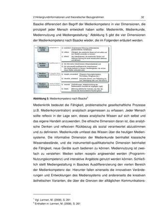2 Hintergrundinformationen und theoretischer Bezugsrahmen 32
Baacke differenziert den Begriff der Medienkompetenz in vier Dimensionen, die
prinzipiell jeder Mensch entwickelt haben sollte: Medienkritik, Medienkunde,
Mediennutzung und Mediengestaltung.1
Abbildung 5 gibt die vier Dimensionen
der Medienkompetenz nach Baacke wieder, die im Folgenden erläutert werden.
Abbildung 5: Medienkompetenz nach Baacke
2
Medienkritik bedeutet die Fähigkeit, problematische gesellschaftliche Prozesse
(z.B. Medienkonzentration) analytisch angemessen zu erfassen. Jeder Mensch
sollte reflexiv in der Lage sein, dieses analytische Wissen auf sich selbst und
das eigene Handeln anzuwenden. Die ethische Dimension daran ist, das analyti-
sche Denken und reflexiven Rückbezug als sozial verantwortet abzustimmen
und zu definieren. Medienkunde umfasst das Wissen über die heutigen Medien-
systeme. Die informative Dimension der Medienkunde beinhaltet klassische
Wissensbestände, und die instrumentell-qualifikatorische Dimension beinhaltet
die Fähigkeit, neue Geräte auch bedienen zu können. Mediennutzung ist zwei-
fach zu verstehen: Medien sollen rezeptiv angewendet werden (Programm-
Nutzungskompetenz) und interaktive Angebote genutzt werden können. Schließ-
lich stellt Mediengestaltung in Baackes Ausdifferenzierung den vierten Bereich
der Medienkompetenz dar. Hierunter fallen einerseits die innovativen Verände-
rungen und Entwicklungen des Mediensystems und andererseits die kreativen
ästhetischen Varianten, die über die Grenzen der alltäglichen Kommunikations-
1
Vgl. Lermen, M. (2008), S. 261
2
Enthalten in: Lermen, M. (2008), S. 261
 