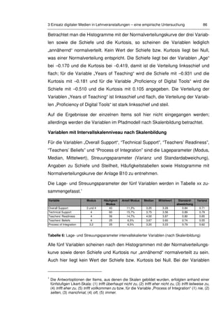 3 Einsatz digitaler Medien in Lehrveranstaltungen – eine empirische Untersuchung 86
Betrachtet man die Histogramme mit der Normalverteilungskurve der drei Variab-
len sowie die Schiefe und die Kurtosis, so scheinen die Variablen lediglich
„annähernd“ normalverteilt. Kein Wert der Schiefe bzw. Kurtosis liegt bei Null,
was einer Normalverteilung entspricht. Die Schiefe liegt bei der Variablen „Age“
bei –0.170 und die Kurtosis bei –0.419, damit ist die Verteilung linksschief und
flach; für die Variable „Years of Teaching“ wird die Schiefe mit –0.931 und die
Kurtosis mit –0.181 und für die Variable „Proficiency of Digital Tools“ wird die
Schiefe mit –0.510 und die Kurtosis mit 0.105 angegeben. Die Verteilung der
Variablen „Years of Teaching“ ist linksschief und flach, die Verteilung der Variab-
len „Proficiency of Digital Tools“ ist stark linksschief und steil.
Auf die Ergebnisse der einzelnen Items soll hier nicht eingegangen werden;
allerdings werden die Variablen im Pfadmodell nach Skalenbildung betrachtet.
Variablen mit Intervallskalenniveau nach Skalenbildung
Für die Variablen „Overall Support“, “Technical Support”, “Teachers’ Readiness”,
“Teachers’ Beliefs” und “Process of Integration” sind die Lageparameter (Modus,
Median, Mittelwert), Streuungsparameter (Varianz und Standardabweichung),
Angaben zu Schiefe und Steilheit, Häufigkeitstabellen sowie Histogramme mit
Normalverteilungskurve der Anlage B10 zu entnehmen.
Die Lage- und Streuungsparameter der fünf Variablen werden in Tabelle xx zu-
sammengefasst.1
Variable Modus Häufigkeit
Modus
Anteil Modus Median Mittelwert Standard-
abweichung
Varianz
Overall Support 3 und 4 43 11,3% 3.25 3.28 0.84 0.71
Technical Support 4 60 15,7% 3.75 3.56 0.89 0.79
Teachers' Readiness 4 56 14,7% 4.00 3.87 0.80 0.65
Teachers' Beliefs 4 25 6,5% 3.67 3.60 0.74 0.55
Process of Integration 3.2 25 6,5% 3.20 3.23 0.79 0.62
Tabelle 6: Lage- und Streuungsparameter intervallskalierter Variablen (nach Skalenbildung)
Alle fünf Variablen scheinen nach den Histogrammen mit der Normalverteilungs-
kurve sowie deren Schiefe und Kurtosis nur „annähernd“ normalverteilt zu sein.
Auch hier liegt kein Wert der Schiefe bzw. Kurtosis bei Null. Bei der Variablen
1
Die Antwortoptionen der Items, aus denen die Skalen gebildet wurden, erfolgten anhand einer
fünfstufigen Likert-Skala: (1) trifft überhaupt nicht zu, (2) trifft eher nicht zu, (3) trifft teilweise zu,
(4) trifft eher zu, (5) trifft vollkommen zu bzw. für die Variable „Process of Integration“ (1) nie, (2)
selten, (3) manchmal, (4) oft, (5) immer.
 