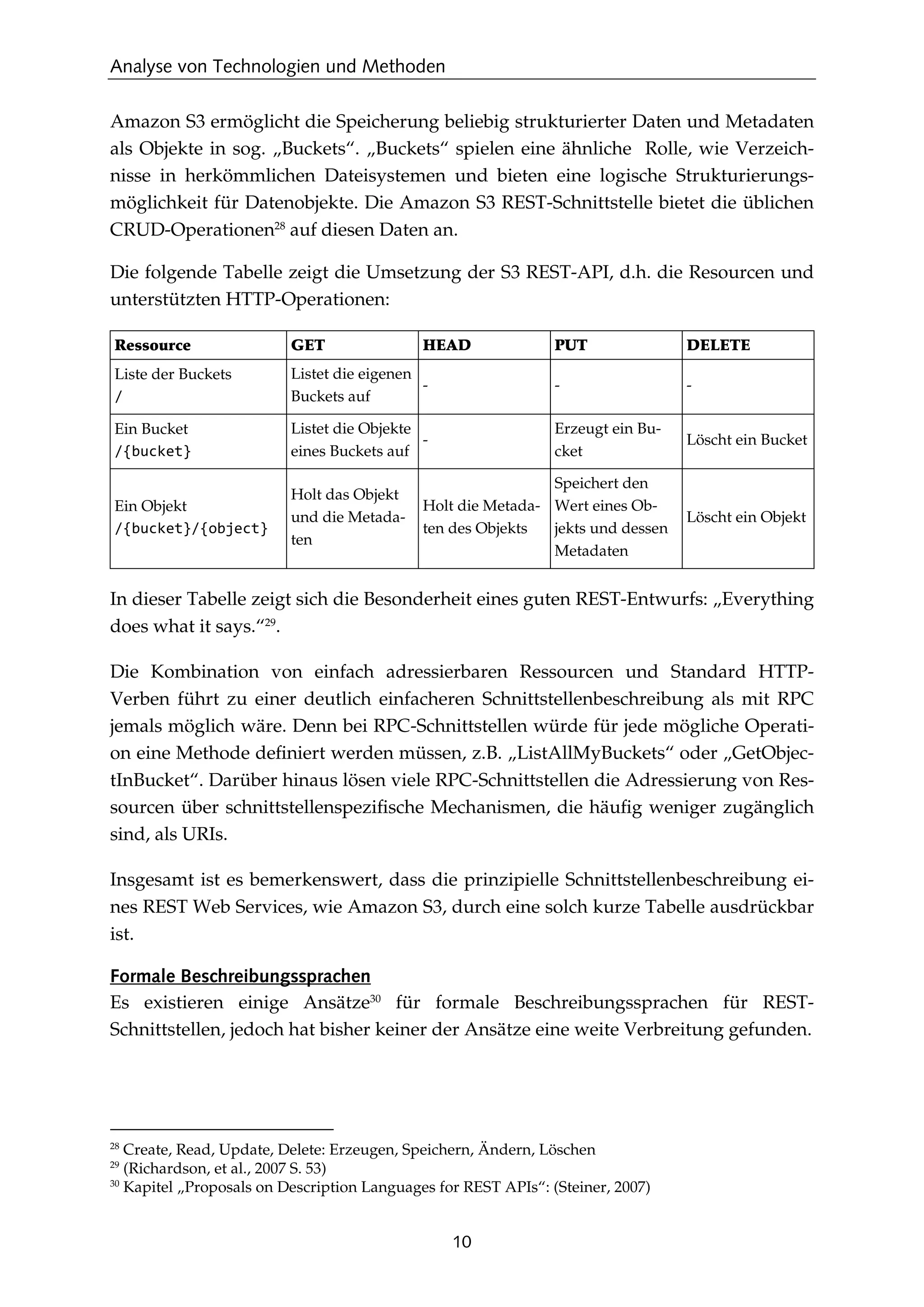 Analyse von Technologien und Methoden
10
Amazon S3 ermöglicht die Speicherung beliebig strukturierter Daten und Metadaten
als Objekte in sog. „Buckets“. „Buckets“ spielen eine ähnliche Rolle, wie Verzeich-
nisse in herkömmlichen Dateisystemen und bieten eine logische Strukturierungs-
möglichkeit für Datenobjekte. Die Amazon S3 REST-Schnittstelle bietet die üblichen
CRUD-Operationen28
auf diesen Daten an.
Die folgende Tabelle zeigt die Umsetzung der S3 REST-API, d.h. die Resourcen und
unterstützten HTTP-Operationen:
Ressource GET HEAD PUT DELETE
Liste der Buckets
/
Listet die eigenen
Buckets auf
- - -
Ein Bucket
/{bucket}
Listet die Objekte
eines Buckets auf
-
Erzeugt ein Bu-
cket
Löscht ein Bucket
Ein Objekt
/{bucket}/{object}
Holt das Objekt
und die Metada-
ten
Holt die Metada-
ten des Objekts
Speichert den
Wert eines Ob-
jekts und dessen
Metadaten
Löscht ein Objekt
In dieser Tabelle zeigt sich die Besonderheit eines guten REST-Entwurfs: „Everything
does what it says.“29
.
Die Kombination von einfach adressierbaren Ressourcen und Standard HTTP-
Verben führt zu einer deutlich einfacheren Schnittstellenbeschreibung als mit RPC
jemals möglich wäre. Denn bei RPC-Schnittstellen würde für jede mögliche Operati-
on eine Methode deﬁniert werden müssen, z.B. „ListAllMyBuckets“ oder „GetObjec-
tInBucket“. Darüber hinaus lösen viele RPC-Schnittstellen die Adressierung von Res-
sourcen über schnittstellenspeziﬁsche Mechanismen, die häuﬁg weniger zugänglich
sind, als URIs.
Insgesamt ist es bemerkenswert, dass die prinzipielle Schnittstellenbeschreibung ei-
nes REST Web Services, wie Amazon S3, durch eine solch kurze Tabelle ausdrückbar
ist.
Formale Beschreibungssprachen
Es existieren einige Ansätze30
für formale Beschreibungssprachen für REST-
Schnittstellen, jedoch hat bisher keiner der Ansätze eine weite Verbreitung gefunden.
28
Create, Read, Update, Delete: Erzeugen, Speichern, Ändern, Löschen
29
(Richardson, et al., 2007 S. 53)
30
Kapitel „Proposals on Description Languages for REST APIs“: (Steiner, 2007)
 