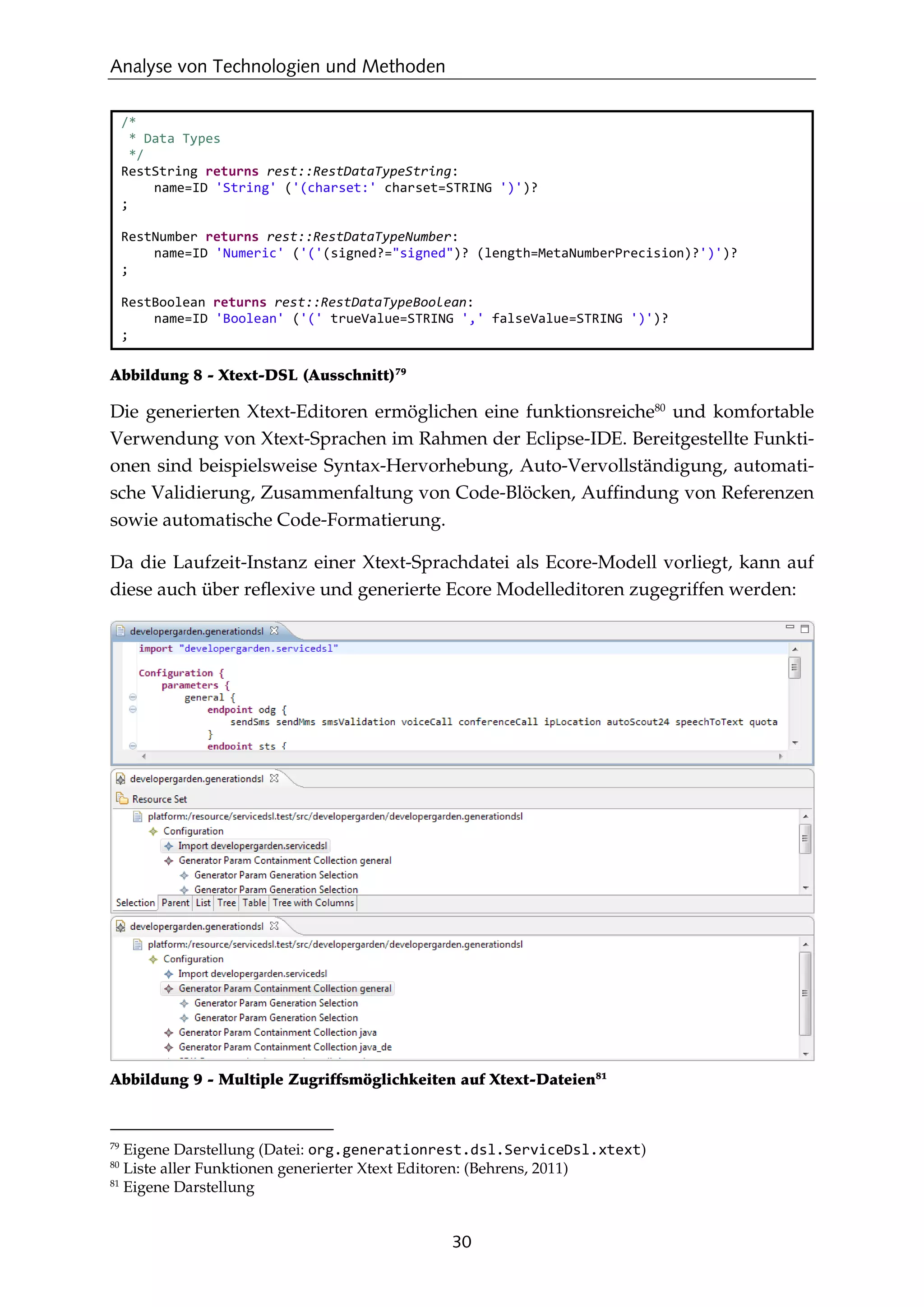 Analyse von Technologien und Methoden
30
/*
* Data Types
*/
RestString returns rest::RestDataTypeString:
name=ID 'String' ('(charset:' charset=STRING ')')?
;
RestNumber returns rest::RestDataTypeNumber:
name=ID 'Numeric' ('('(signed?="signed")? (length=MetaNumberPrecision)?')')?
;
RestBoolean returns rest::RestDataTypeBoolean:
name=ID 'Boolean' ('(' trueValue=STRING ',' falseValue=STRING ')')?
;
Abbildung 8 - Xtext-DSL (Ausschnitt)79
Die generierten Xtext-Editoren ermöglichen eine funktionsreiche80
und komfortable
Verwendung von Xtext-Sprachen im Rahmen der Eclipse-IDE. Bereitgestellte Funkti-
onen sind beispielsweise Syntax-Hervorhebung, Auto-Vervollständigung, automati-
sche Validierung, Zusammenfaltung von Code-Blöcken, Aufﬁndung von Referenzen
sowie automatische Code-Formatierung.
Da die Laufzeit-Instanz einer Xtext-Sprachdatei als Ecore-Modell vorliegt, kann auf
diese auch über reﬂexive und generierte Ecore Modelleditoren zugegriffen werden:
Abbildung 9 - Multiple Zugriffsmöglichkeiten auf Xtext-Dateien81
79
Eigene Darstellung (Datei: org.generationrest.dsl.ServiceDsl.xtext)
80
Liste aller Funktionen generierter Xtext Editoren: (Behrens, 2011)
81
Eigene Darstellung
 