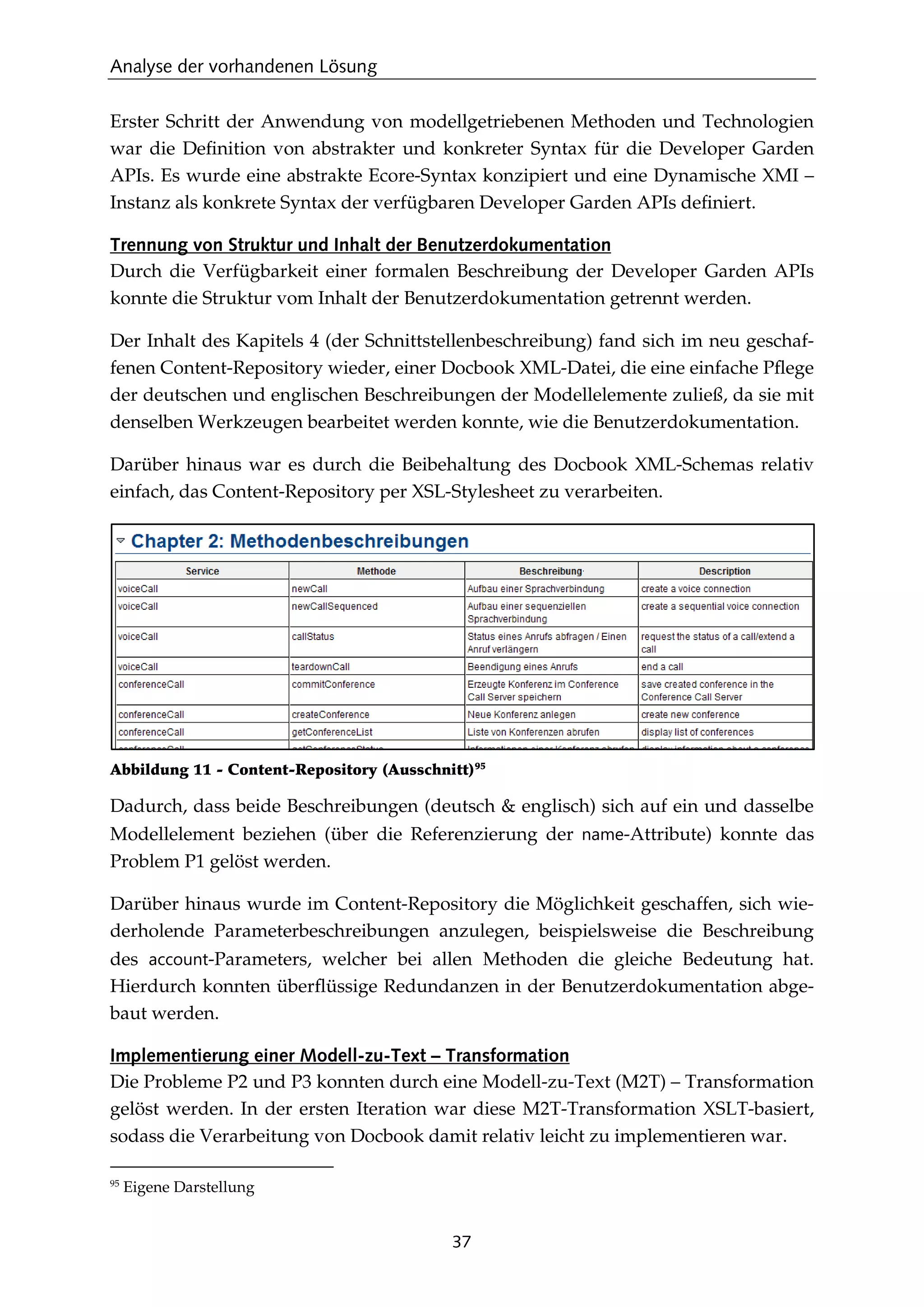 Analyse der vorhandenen Lösung
37
Erster Schritt der Anwendung von modellgetriebenen Methoden und Technologien
war die Deﬁnition von abstrakter und konkreter Syntax für die Developer Garden
APIs. Es wurde eine abstrakte Ecore-Syntax konzipiert und eine Dynamische XMI –
Instanz als konkrete Syntax der verfügbaren Developer Garden APIs deﬁniert.
Trennung von Struktur und Inhalt der Benutzerdokumentation
Durch die Verfügbarkeit einer formalen Beschreibung der Developer Garden APIs
konnte die Struktur vom Inhalt der Benutzerdokumentation getrennt werden.
Der Inhalt des Kapitels 4 (der Schnittstellenbeschreibung) fand sich im neu geschaf-
fenen Content-Repository wieder, einer Docbook XML-Datei, die eine einfache Pﬂege
der deutschen und englischen Beschreibungen der Modellelemente zuließ, da sie mit
denselben Werkzeugen bearbeitet werden konnte, wie die Benutzerdokumentation.
Darüber hinaus war es durch die Beibehaltung des Docbook XML-Schemas relativ
einfach, das Content-Repository per XSL-Stylesheet zu verarbeiten.
Abbildung 11 - Content-Repository (Ausschnitt)95
Dadurch, dass beide Beschreibungen (deutsch & englisch) sich auf ein und dasselbe
Modellelement beziehen (über die Referenzierung der name-Attribute) konnte das
Problem P1 gelöst werden.
Darüber hinaus wurde im Content-Repository die Möglichkeit geschaffen, sich wie-
derholende Parameterbeschreibungen anzulegen, beispielsweise die Beschreibung
des account-Parameters, welcher bei allen Methoden die gleiche Bedeutung hat.
Hierdurch konnten überﬂüssige Redundanzen in der Benutzerdokumentation abge-
baut werden.
Implementierung einer Modell-zu-Text – Transformation
Die Probleme P2 und P3 konnten durch eine Modell-zu-Text (M2T) – Transformation
gelöst werden. In der ersten Iteration war diese M2T-Transformation XSLT-basiert,
sodass die Verarbeitung von Docbook damit relativ leicht zu implementieren war.
95
Eigene Darstellung
 