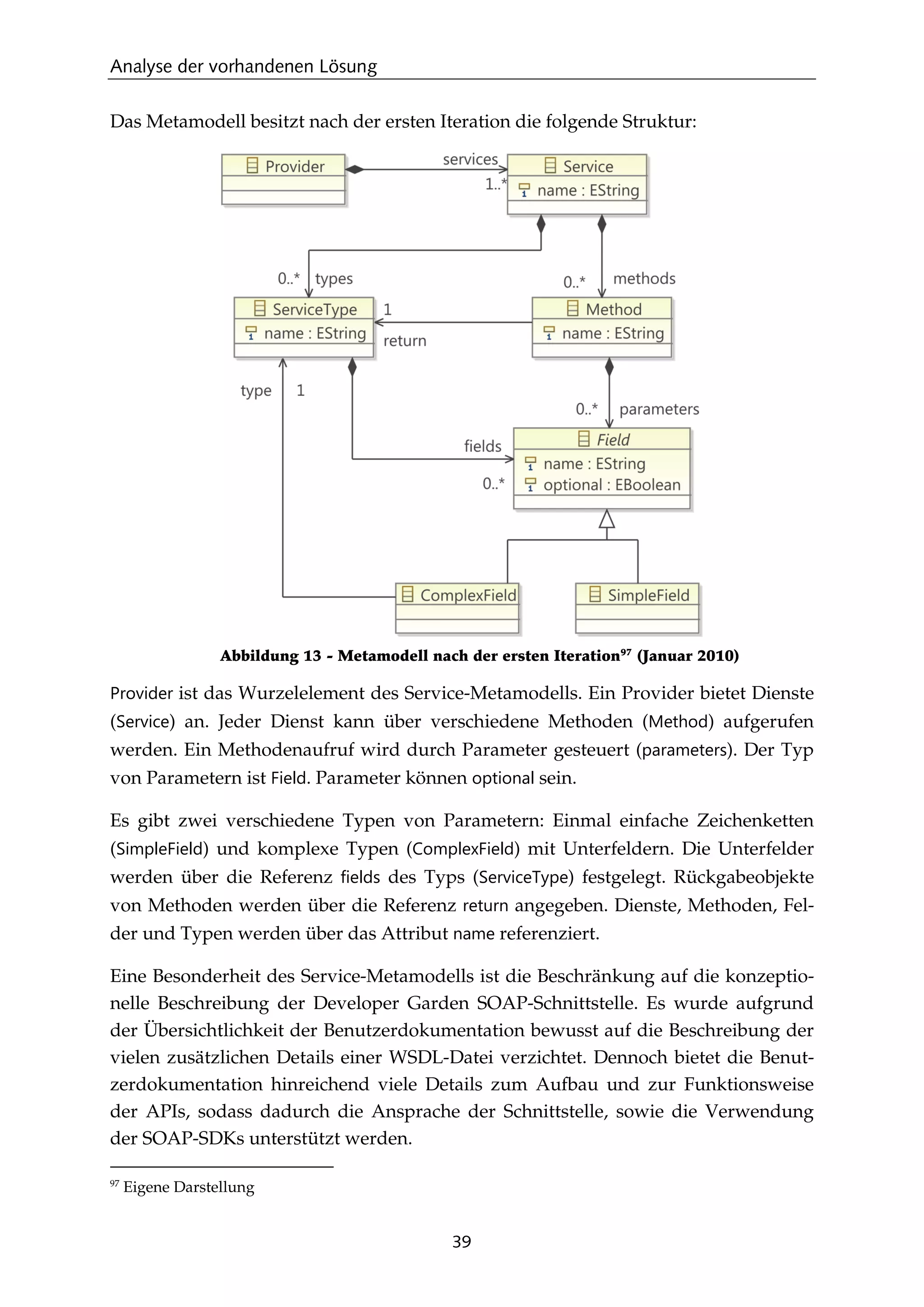 Analyse der vorhandenen Lösung
39
Das Metamodell besitzt nach der ersten Iteration die folgende Struktur:
Abbildung 13 - Metamodell nach der ersten Iteration97
(Januar 2010)
Provider ist das Wurzelelement des Service-Metamodells. Ein Provider bietet Dienste
(Service) an. Jeder Dienst kann über verschiedene Methoden (Method) aufgerufen
werden. Ein Methodenaufruf wird durch Parameter gesteuert (parameters). Der Typ
von Parametern ist Field. Parameter können optional sein.
Es gibt zwei verschiedene Typen von Parametern: Einmal einfache Zeichenketten
(SimpleField) und komplexe Typen (ComplexField) mit Unterfeldern. Die Unterfelder
werden über die Referenz fields des Typs (ServiceType) festgelegt. Rückgabeobjekte
von Methoden werden über die Referenz return angegeben. Dienste, Methoden, Fel-
der und Typen werden über das Attribut name referenziert.
Eine Besonderheit des Service-Metamodells ist die Beschränkung auf die konzeptio-
nelle Beschreibung der Developer Garden SOAP-Schnittstelle. Es wurde aufgrund
der Übersichtlichkeit der Benutzerdokumentation bewusst auf die Beschreibung der
vielen zusätzlichen Details einer WSDL-Datei verzichtet. Dennoch bietet die Benut-
zerdokumentation hinreichend viele Details zum Aufbau und zur Funktionsweise
der APIs, sodass dadurch die Ansprache der Schnittstelle, sowie die Verwendung
der SOAP-SDKs unterstützt werden.
97
Eigene Darstellung
 