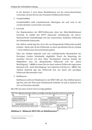 Analyse der vorhandenen Lösung
43
In der Iteration 2 wird dieses Modellelement nur bei Antwortnachrichten
verwendet, da kein Service eine Parameter-Feldhierarchie besitzt
ComplexFieldRest
ComplexFieldRest stellt wiederkehrende Datentypen dar und wird in der
zweiten Iteration vorerst nicht verwendet.
ErrorCode
Zur Repräsentation der REST-Fehlercodes dient das Meta-Modellelement
ErrorCode. Es enthält den HTTP Statuscode (restHttpCode), die Server-
Statusnachricht (statusMessage) und den numerischen, fachlichen Fehlercode
der Schnittstelle (statuscode).
Das Attibut module legt fest, ob es sich um übergreifende Fehlercodes handelt
(module = base) oder ob der Fehlercode zu einem speziﬁschen Service (module
= name-Attribut eines Service-Elements) gehört.
Über das Attribut baseCode wird eine architektonische Besonderheit der
Developer Garden Schnittstelle abgebildet: Durch die Kapselung der
einzelnen Services auf dem Open Development Gateway besteht die
Möglichkeit, dass ein übergreifender Fehlercode (z.B. für „Keine
Berechtigung“ = 0020) in einem Service einen anderen Fehlercode zugewiesen
bekommt (z.B. „keine Berechtigung“ im Conference Call Service = 0093). Das
Attribut baseCode legt den Fehlercode fest, der durch den jeweiligen
Fehlercode überschrieben wird.
RestResource
RestResource stellt ein Pfadelement in der REST-URL dar. Das Attribut dynamic
legt fest, dass der Wert eines Pfadelements änderbar ist und es dadurch eine
Art von Parameter darstellt.
Die URL für einen Aufruf wird wie folgt gebildet:
Abbildung 15 - Bildung der REST-URL aus Modellelementen100
100
Eigene Darstellung
POSThttp://gateway.developer.telekom.com/p3gw-mod-odg-voicebutler/rest/{environment}/call
httpMethod = POST
NewCall : RestMethod
restEndpoint = /p3gw-mod-odg-voicebutler/rest
VoiceCallService : Service
restHostname = gateway.developer.telekom.com
DeveloperGardenProvider : Provider
name = environment
dynamic = true
Environment : RestResource
name = call
dynamic = false
Call : RestResource
 