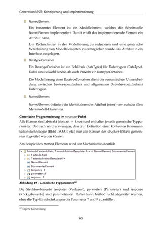 GenerationREST: Konzipierung und Implementierung
65
NamedElement
Ein benanntes Element ist ein Modellelement, welches die Schnittstelle
NamedElement implementiert. Damit erhält das implementierende Element ein
Attribut name.
Um Redundanzen in der Modellierung zu reduzieren und eine generische
Verarbeitung von Modellelementen zu ermöglichen wurde das Attribut in ein
Interface ausgelagert.
DatatypeContainer
Ein DatatypeContainer ist ein Behältnis (dataTypes) für Datentypen (DataType).
Dabei sind sowohl Service, als auch Provider ein DatatypeContainer.
Die Modellierung eines DatatypeContainers dient der semantischen Unterschei-
dung zwischen Service-speziﬁschen und allgemeinen (Provider-speziﬁschen)
Datentypen.
NamedElement
NamedElement deﬁniert ein identiﬁzierendes Attribut (name) von nahezu allen
Metamodell-Elementen.
Generische Programmierung im structure-Paket
Alle Klassen sind abstrakt (abstract = true) und enthalten jeweils generische Typpa-
rameter. Dadurch wird erzwungen, dass zur Deﬁnition einer konkreten Kommuni-
kationstechnologie (REST, SOAP, etc.) nur alle Klassen des structure-Pakets gemein-
sam abgeleitet werden können.
Am Beispiel des Method-Elements wird der Mechanismus deutlich
Abbildung 19 - Generische Typparameter127
Die Strukturelemente templates (Vorlagen), parameters (Parameter) und response
(Rückgabewerte) sind parametrisiert. Daher kann Method nicht abgeleitet werden,
ohne die Typ-Einschränkungen der Parameter T und F zu erfüllen.
127
Eigene Darstellung
 