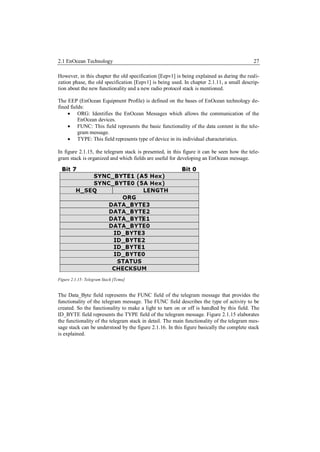 2.1 EnOcean Technology                                                                     27

However, in this chapter the old specification [Eepv1] is being explained as during the reali-
zation phase, the old specification [Eepv1] is being used. In chapter 2.1.11, a small descrip-
tion about the new functionality and a new radio protocol stack is mentioned.

The EEP (EnOcean Equipment Profile) is defined on the bases of EnOcean technology de-
fined fields:
     ORG: Identifies the EnOcean Messages which allows the communication of the
          EnOcean devices.
     FUNC: This field represents the basic functionality of the data content in the tele-
          gram message.
     TYPE: This field represents type of device in its individual characteristics.

In figure 2.1.15, the telegram stack is presented, in this figure it can be seen how the tele-
gram stack is organized and which fields are useful for developing an EnOcean message.




Figure 2.1.15: Telegram Stack [Tcmu]


The Data_Byte field represents the FUNC field of the telegram message that provides the
functionality of the telegram message. The FUNC field describes the type of activity to be
created. So the functionality to make a light to turn on or off is handled by this field. The
ID_BYTE field represents the TYPE field of the telegram message. Figure 2.1.15 elaborates
the functionality of the telegram stack in detail. The main functionality of the telegram mes-
sage stack can be understood by the figure 2.1.16. In this figure basically the complete stack
is explained.
 