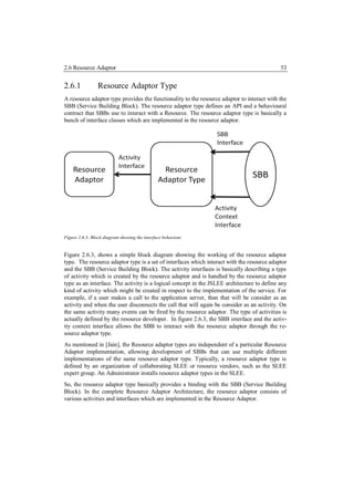 2.6 Resource Adaptor                                                                        53


2.6.1           Resource Adaptor Type
A resource adaptor type provides the functionality to the resource adaptor to interact with the
SBB (Service Building Block). The resource adaptor type defines an API and a behavioural
contract that SBBs use to interact with a Resource. The resource adaptor type is basically a
bunch of interface classes which are implemented in the resource adaptor.




Figure 2.6.3: Block diagram showing the interface behaviour


Figure 2.6.3, shows a simple block diagram showing the working of the resource adaptor
type. The resource adaptor type is a set of interfaces which interact with the resource adaptor
and the SBB (Service Building Block). The activity interfaces is basically describing a type
of activity which is created by the resource adaptor and is handled by the resource adaptor
type as an interface. The activity is a logical concept in the JSLEE architecture to define any
kind of activity which might be created in respect to the implementation of the service. For
example, if a user makes a call to the application server, than that will be consider as an
activity and when the user disconnects the call that will again be consider as an activity. On
the same activity many events can be fired by the resource adaptor. The type of activities is
actually defined by the resource developer. In figure 2.6.3, the SBB interface and the activ-
ity context interface allows the SBB to interact with the resource adaptor through the re-
source adaptor type.
As mentioned in [Jain], the Resource adaptor types are independent of a particular Resource
Adaptor implementation, allowing development of SBBs that can use multiple different
implementations of the same resource adaptor type. Typically, a resource adaptor type is
defined by an organization of collaborating SLEE or resource vendors, such as the SLEE
expert group. An Administrator installs resource adaptor types in the SLEE.
So, the resource adaptor type basically provides a binding with the SBB (Service Building
Block). In the complete Resource Adaptor Architecture, the resource adaptor consists of
various activities and interfaces which are implemented in the Resource Adaptor.
 