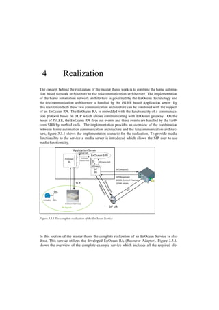 4                Realization
The concept behind the realization of the master thesis work is to combine the home automa-
tion based network architecture to the telecommunication architecture. The implementation
of the home automation network architecture is governed by the EnOcean Technology and
the telecommunication architecture is handled by the JSLEE based Application server. By
this realization both these two communication architecture can be combined with the support
of an EnOcean RA. The EnOcean RA is embedded with the functionality of a communica-
tion protocol based on TCP which allows communicating with EnOcean gateway. On the
bases of JSLEE, the EnOcean RA fires out events and these events are handled by the EnO-
cean SBB by method calls. The implementation provides an overview of the combination
between home automation communication architecture and the telecommunication architec-
ture, figure 3.3.1 shows the implementation scenario for the realization. To provide media
functionality to the service a media server is introduced which allows the SIP user to use
media functionality.

                               Application Server
                                                  Method Calls
                                                                    EnOcean SBB
                                 EnOcean Events




                     EnOcean                         EnOcean
                                                                   Method




                                                    Events fired
                                                                    Calls




                       RA                                                          SIP Events fired

                                                                     SIP Events
                                                                            SIP                          SIP(Request)
                                                                            RA

                                                                                                         SIP(Response)
                                                                                                         MSML Control Channel
                                                                                         SIP




                                TCP                                                                      DTMF MSML
                                                                                             (Re
                                                                                  SIP


                                                                                                sp o
                                                                                     (Re




                                                                                                                      P
                                                                                                                   RT
                                                                                                 n se
                                                                                        qu


                                                                                                     )
                                                                                       est
                                                                                          )




   Actuator
                     EnOcean Gateway
                  RF Signals                                                                      SIP UA


Figure 3.3.1 The complete realization of the EnOcean Service




In this section of the master thesis the complete realization of an EnOcean Service is also
done. This service utilizes the developed EnOcean RA (Resource Adaptor). Figure 3.3.1,
shows the overview of the complete example service which includes all the required ele-
 