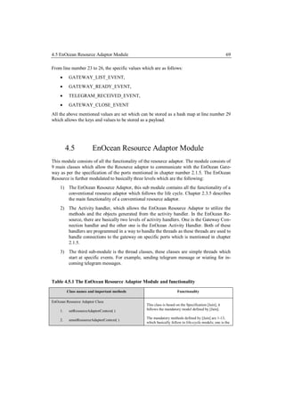 4.5 EnOcean Resource Adaptor Module                                                                    69

From line number 23 to 26, the specific values which are as follows:
         GATEWAY_LIST_EVENT,
         GATEWAY_READY_EVENT,
         TELEGRAM_RECEIVED_EVENT,
         GATEWAY_CLOSE_EVENT
All the above mentioned values are set which can be stored as a hash map at line number 29
which allows the keys and values to be stored as a payload.




         4.5            EnOcean Resource Adaptor Module
This module consists of all the functionality of the resource adaptor. The module consists of
9 main classes which allow the Resource adaptor to communicate with the EnOcean Gate-
way as per the specification of the ports mentioned in chapter number 2.1.5. The EnOcean
Resource is further modulated to basically three levels which are the following:
    1) The EnOcean Resource Adaptor, this sub module contains all the functionality of a
       conventional resource adaptor which follows the life cycle. Chapter 2.3.5 describes
       the main functionality of a conventional resource adaptor.
    2) The Activity handler, which allows the EnOcean Resource Adaptor to utilize the
       methods and the objects generated from the activity handler. In the EnOcean Re-
       source, there are basically two levels of activity handlers. One is the Gateway Con-
       nection handler and the other one is the EnOcean Activity Handler. Both of these
       handlers are programmed in a way to handle the threads as these threads are used to
       handle connections to the gateway on specific ports which is mentioned in chapter
       2.1.5.
    3) The third sub-module is the thread classes, these classes are simple threads which
       start at specific events. For example, sending telegram message or wiating for in-
       coming telegram messages.


Table 4.5.1 The EnOcean Resource Adaptor Module and functionality
         Class names and important methods                            Functionality

EnOcean Resource Adaptor Class
                                                 This class is based on the Specification [Jain], it
    1.    setResourceAdaptorContext( )           follows the mandatory model defined by [Jain].

                                                 The mandatory methods defined by [Jain] are 1-13,
    2.    unsetResourceAdaptorContext( )
                                                 which basically follow to life-cycle models; one is the
 