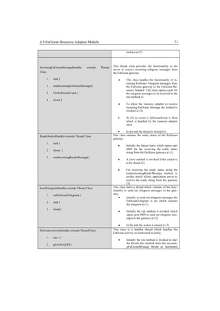 4.5 EnOcean Resource Adaptor Module                                                                         71

                                                                   sockets at (7).




IncomingEnOceanMessageHandler        extends   Thread   This thread class provides the functionality to the
                                                        server to receive incoming telegram messages from
Class                                                   the EnOcean gateway.

        1.   run( )                                               This class handles the functionality of in-
                                                                   coming EnOcean Telegram messages from
        2.   readIncomingEnOceanMessage()                          the EnOcean gateway to the EnOcean Re-
                                                                   source Adaptor. This class opens a port for
        3.   FireEnOceanEvent( )                                   the telegram messages to be received in the
                                                                   run method(1).
        4.   close( )
                                                                  To allow the resource adaptor to receive
                                                                   incoming EnOcean Message the method is
                                                                   invoked at (2).

                                                                  At (3) an event is EnOceanEvent is fired
                                                                   which is handled by the resource adaptor
                                                                   class.

                                                                  In the end the thread is closed (4)
ReadySocketHandler extends Thread Class                 This class initiates the ready status of the EnOcean
                                                        gateway.
        1.   run( )
                                                                  Initially the thread starts which opens port
        2.   close( )                                              2003 for the receiving the ready status
                                                                   string from the EnOcean gateway at (1).
        3.   readIncomingReadyMessage()
                                                                  A close method is invoked if the socket is
                                                                   to be closed (2).

                                                                   For receiving the ready status string the
                                                                    readyIncomingReadyMessage method is
                                                                    invoke which allows application server to
                                                                    receive the ready string from the gateway
                                                                    (3).
SendTelegramHandler extends Thread Class                This class starts a thread which consists of the func-
                                                        tionality to send out telegram messages to the gate-
        1.   setEnOceanTelegram( )                      way.
                                                                   Initially to send out telegram messages the
        2.   run( )                                                 EnOceanTelegram is set which consists
                                                                    the telegram at (1).
        3.   close()
                                                                  Initially the run method is invoked which
                                                                   opens port 2005 to send out telegram mes-
                                                                   sages to the gateway at (2).

                                                                 In the end the socket is closed at (3).
EnOceanActivityHandler extends Thread Class             This class is a handler thread which handles the
                                                        EnOcean activity as mentioned in [Jain].
        1.   run ( )
                                                                  Initially the run method is invoked to start
        2.   getActivityID( )                                      the thread, this method starts the incomin-
                                                                   gEnOceanMessage thread as mentioned
 