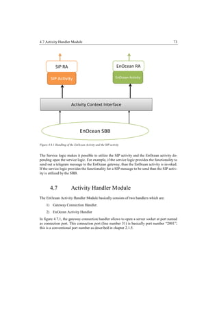 4.7 Activity Handler Module                                                                  73




Figure 4.6.1 Handling of the EnOcean Activity and the SIP activity


The Service logic makes it possible to utilize the SIP activity and the EnOcean activity de-
pending upon the service logic. For example, if the service logic provides the functionality to
send out a telegram message to the EnOcean gateway, than the EnOcean activity is invoked.
If the service logic provides the functionality for a SIP message to be send than the SIP activ-
ity is utilized by the SBB.



        4.7               Activity Handler Module
The EnOcean Activity Handler Module basically consists of two handlers which are:
     1) Gateway Connection Handler.
     2) EnOcean Activity Handler
In figure 4.7.1, the gateway connection handler allows to open a server socket at port named
as connection port. This connection port (line number 31) is basically port number “2001”;
this is a conventional port number as described in chapter 2.1.5.
 