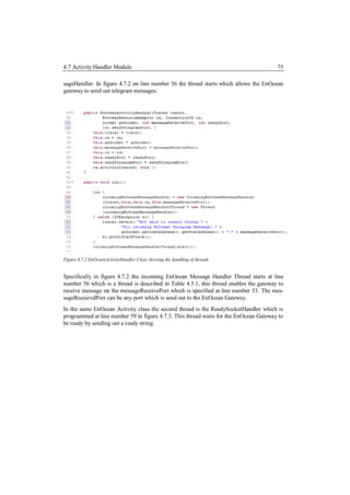 4.7 Activity Handler Module                                                             75

sageHandler. In figure 4.7.2 on line number 56 the thread starts which allows the EnOcean
gateway to send out telegram messages.




Figure 4.7.2 EnOceanActivityHandler Class showing the handling of threads


Specifically in figure 4.7.2 the incoming EnOcean Message Handler Thread starts at line
number 56 which is a thread is described in Table 4.5.1, this thread enables the gateway to
receive message on the messageReceivePort which is specified at line number 53. The mes-
sageReceievdPort can be any port which is send out to the EnOcean Gateway.
In the same EnOcean Activity class the second thread is the ReadySocketHandler which is
programmed at line number 59 in figure 4.7.3. This thread waits for the EnOcean Gateway to
be ready by sending out a ready string.
 