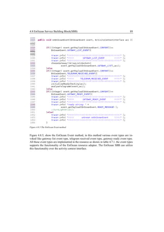 4.8 EnOcean Service Building Block(SBB)                                                    89




Figure 4.8.5 The EnOcean Event method


Figure 4.8.5, show the EnOcean Event method, in this method various event types are in-
voked like gateway list event type, telegram received event type, gateway ready event type.
All these event types are implemented in the resource as shown in table 4.7.1. the event types
supports the functionality of the EnOcean resource adaptor. The EnOcean SBB can utilize
this functionality over the activity context interface.
 