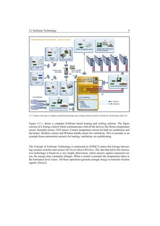 2.1 EnOcean Technology                                                                                        9




2.1.1 Figure showing a complete optimizing heating and cooling solution based on EnOcean Technology [Enoc3]


Figure 2.1.1, shows a complete EnOcean based heating and cooling solution. The figure
consists of a Energy control which communicates with all the devices like Room temperature
sensor, humidity sensor, CO2 sensor, Contact temperature sensor for both air conditioner and
the heater, Window contact and Window handle sensor for ventilation. This is consider as an
example home automation scenario for heating, ventilation, air-conditioning.


The Concept of EnOcean Technology is mentioned in [ENOC3] states that Energy harvest-
ing wireless switches and sensors for Green-Smart-Wireless. The idea that led to this innova-
tive technology is based on a very simple observation: where sensors capture measured val-
ues, the energy state constantly changes. When a switch is pressed, the temperature alters or
the luminance level varies. All these operations generate enough energy to transmit wireless
signals. [Enoc3]
 