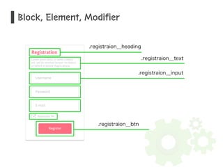 Block, Element, Modifier 
.registraion__heading 
.registraion__text 
.registraion__input 
.registraion__btn 
 