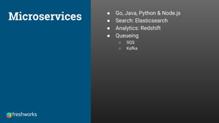 Microservices ● Go, Java, Python & Node.js
● Search: Elasticsearch
● Analytics: Redshift
● Queueing
○ SQS
○ Kafka
 