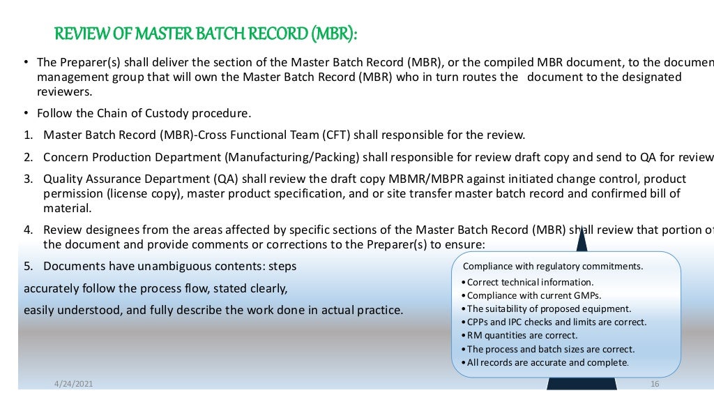 Master batch record,batch production record ,Quality Audit Type and p…