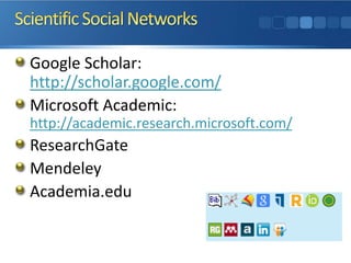 Google Scholar:
http://scholar.google.com/
Microsoft Academic:
http://academic.research.microsoft.com/
ResearchGate
Mendeley
Academia.edu
 