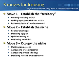 Move 1 – Establish the “territory”
Claiming centrality and/or
Making topic generalizations and/or
Reviewing items of previous research
Move 2 – Establish the niche
Counter-claiming or
Indicating a gap or
Question-raising or
Continuing a tradition
Move 3 – Occupy the niche
Outlining purposes or
Announcing present research
Announcing principle findings
Indicating research article structure
http://www.wikihow.com/Write-a-Swalesian-Introduction
 