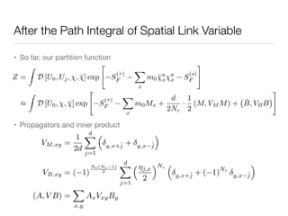 After the Path Integral of Spatial Link Variable
• So far, our partition function

• Propagators and inner product
VM,xy =
1
2d
dX
j=1
⇣
y,x+ˆj + y,x ˆj
⌘
VB,xy = ( 1)
Nc(Nc 1)
2
dX
j=1
⇣⌘j,x
2
⌘Nc
⇣
y,x+ˆj + ( 1)
Nc
y,x ˆj
⌘
(A, V B) =
X
x,y
AxVxyBy
Z =
Z
D [U0, Uj, , ¯] exp
"
S
(⌧)
F
X
x
m0 ¯a
x
a
x S
(s)
F
#
⇡
Z
D [U0, , ¯] exp
"
S
(⌧)
F
X
x
m0Mx +
d
2Nc
·
1
2
(M, VM M) + ¯B, VBB
#
 