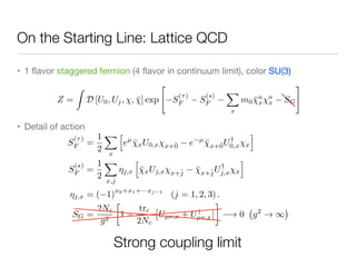 On the Starting Line: Lattice QCD
• 1 ﬂavor staggered fermion (4 ﬂavor in continuum limit), color SU(3)

• Detail of action
Z =
Z
D [U0, Uj, , ¯] exp
"
S
(⌧)
F S
(s)
F
X
x
m0 ¯a
x
a
x SG
#
S
(⌧)
F =
1
2
X
x
h
eµ
¯xU0,x x+ˆ0 e µ
¯x+ˆ0U†
0,x x
i
S
(s)
F =
1
2
X
x,j
⌘j,x
h
¯xUj,x x+ˆj ¯x+ˆjU†
j,x x
i
⌘j,x = ( 1)
x0+x1+···xj 1
(j = 1, 2, 3) .
SG =
2Nc
g2

1
trc
2Nc
⇥
Uµ⌫,x + U†
µ⌫,x
⇤
! 0 g2
! 1
Strong coupling limit
 