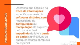 Fonte: Castro, Li Chong L. B., 2020.
INTERCAMBIABILIDADE
Operação que consiste na
troca de informações
específicas através de
softwares distintos, sem
necessidade de
configuração ou
manipulação de arquivos
pelo usuário final,
impedindo de fato a perda
de dados significativos ou
qualquer esforço complexo
ou especial
 