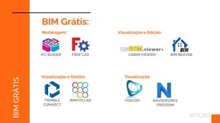 VISICON
BIM
GRÁTIS
BIM Grátis:
Modelagem:
IFC BUIDER FREE CAD
Visualização e Edição:
BIM BEAVER
Visualização e Gestão:
TRIMBLE
CONNECT
Visualização:
BIMCOLLAB
USBIM.VIEWER+
NAVISWORKS
FREEDOM
 