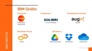BIM
GRÁTIS
BIM Grátis:
Processos: Compressor:
Realidade Virtual:
BIMX
CDE Nível 1:
Realidade Aumentada:
AUGIN
CAMUNDA
MODELER
IFC OPTIMIZER
GOOGLE DRIVE DROPBOX ONEDRIVE
 