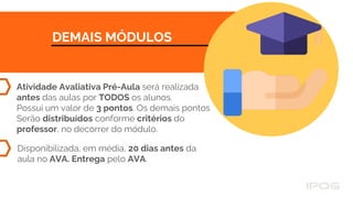 DEMAIS MÓDULOS
Atividade Avaliativa Pré-Aula será realizada
antes das aulas por TODOS os alunos.
Possui um valor de 3 pontos. Os demais pontos
Serão distribuídos conforme critérios do
professor, no decorrer do módulo.
Disponibilizada, em média, 20 dias antes da
aula no AVA. Entrega pelo AVA.
 
