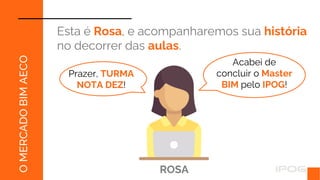Esta é Rosa, e acompanharemos sua história
no decorrer das aulas.
ROSA
Acabei de
concluir o Master
BIM pelo IPOG!
O
MERCADO
BIM
AECO
Prazer, TURMA
NOTA DEZ!
 