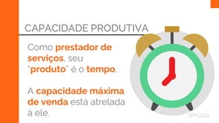 CAPACIDADE PRODUTIVA
Como prestador de
serviços, seu
“produto” é o tempo.
A capacidade máxima
de venda está atrelada
à ele.
 