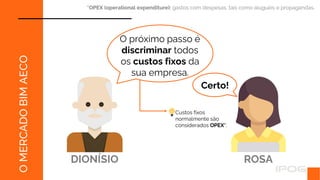 O
MERCADO
BIM
AECO
O próximo passo é
discriminar todos
os custos fixos da
sua empresa.
DIONÍSIO ROSA
Certo!
Custos fixos
normalmente são
considerados OPEX*.
*OPEX (operational expenditure): gastos com despesas, tais como aluguéis e propagandas.
 