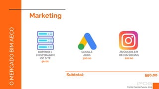 Fonte: Dionísio Souza, 2019.
O
MERCADO
BIM
AECO
Marketing
Subtotal: 550,00
DOMÍNIO E
HOSPEDAGEM
DO SITE
50,00
GOOGLE
ADDS
300,00
ANÚNCIOS EM
REDES SOCIAIS
200,00
 