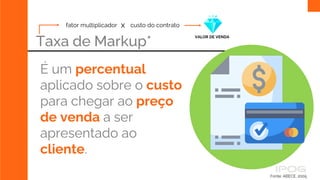 Taxa de Markup*
É um percentual
aplicado sobre o custo
para chegar ao preço
de venda a ser
apresentado ao
cliente.
fator multiplicador custo do contrato
VALOR DE VENDA
x
Fonte: ABECE, 2005
 