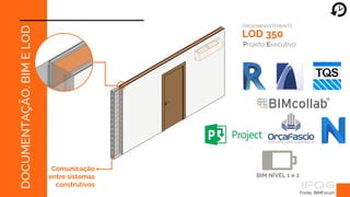 DOCUMENTAÇÃO,
BIM
E
LOD
LOD 350
Projeto Executivo
Fonte: BIMForum,
Comunicação
entre sistemas
construtivos
PREDOMINANTEMENTE:
BIM NÍVEL 1 e 2
 
