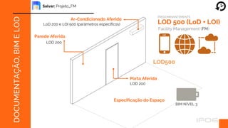 DOCUMENTAÇÃO,
BIM
E
LOD
LOD 500 (LoD + LOI)
Facility Management (FM)
Ar-Condicionado Aferido
LoD 200 e LOI 500 (parâmetros específicos)
Porta Aferida
LOD 200
BIM NÍVEL 3
Parede Aferida
LOD 200
Especificação do Espaço
PREDOMINANTEMENTE:
Salvar: Projeto_FM
LOD500
 