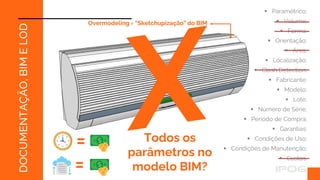  Paramétrico;
DOCUMENTAÇÃO,
BIM
E
LOD  Volume;
 Forma;
 Orientação;
 Área;
 Localização;
 Clash Detection;
 Fabricante;
 Modelo;
 Lote;
 Número de Série;
 Período de Compra;
 Garantias;
 Condições de Uso;
 Condições de Manutenção;
 Custos.
Todos os
parâmetros no
modelo BIM?
Overmodeling = “Sketchupização” do BIM
=
=
 