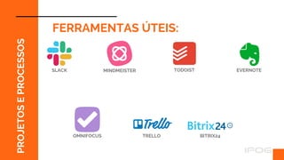 PROJETOS
E
PROCESSOS
FERRAMENTAS ÚTEIS:
SLACK MINDMEISTER TODOIST EVERNOTE
OMNIFOCUS BITRIX24
TRELLO
 
