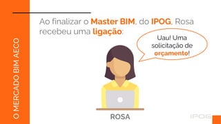 O
MERCADO
BIM
AECO
Ao finalizar o Master BIM, do IPOG, Rosa
recebeu uma ligação:
ROSA
Uau! Uma
solicitação de
orçamento!
 