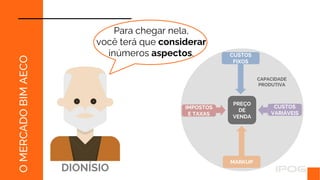 O
MERCADO
BIM
AECO
Para chegar nela,
você terá que considerar
inúmeros aspectos.
DIONÍSIO
PREÇO
DE
VENDA
CAPACIDADE
PRODUTIVA
CUSTOS
FIXOS
MARKUP
IMPOSTOS
E TAXAS
CUSTOS
VARIÁVEIS
 