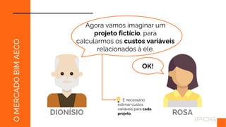 O
MERCADO
BIM
AECO
Agora vamos imaginar um
projeto fictício, para
calcularmos os custos variáveis
relacionados à ele.
DIONÍSIO ROSA
OK!
É necessário
estimar custos
variáveis para cada
projeto.
 