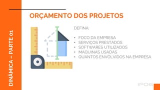 ff
DINÂMICA
–
PARTE
01
ORÇAMENTO DOS PROJETOS
DEFINA:
• FOCO DA EMPRESA
• SERVIÇOS PRESTADOS
• SOFTWARES UTILIZADOS
• MAQUINAS USADAS
• QUANTOS ENVOLVIDOS NA EMPRESA
 