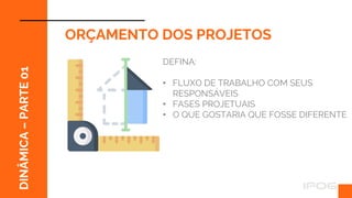 ff
DINÂMICA
–
PARTE
01
ORÇAMENTO DOS PROJETOS
DEFINA:
• FLUXO DE TRABALHO COM SEUS
RESPONSÁVEIS
• FASES PROJETUAIS
• O QUE GOSTARIA QUE FOSSE DIFERENTE
 