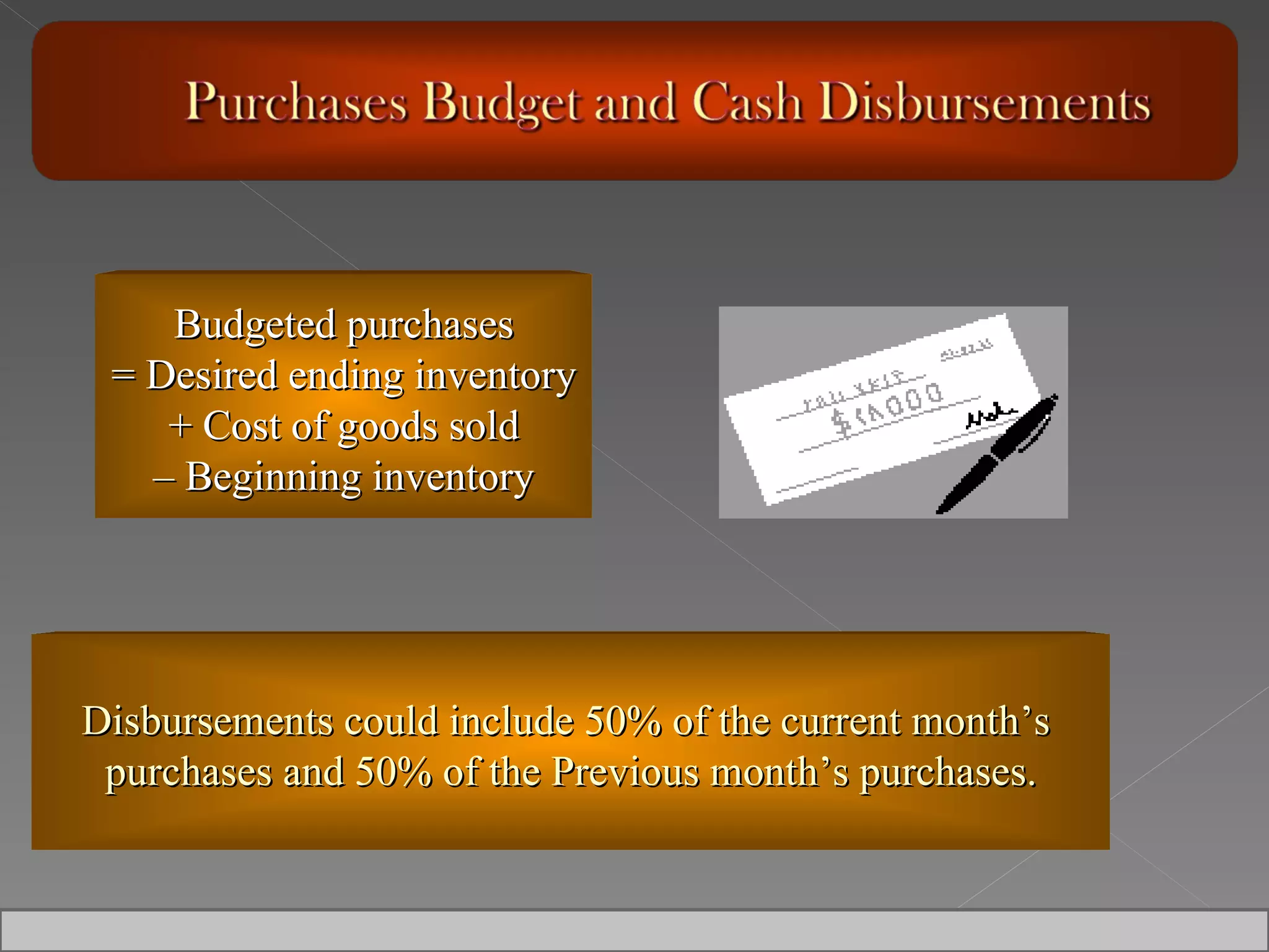 Budgeted purchases = Desired ending inventory + Cost of goods sold –  Beginning inventory Disbursements could include 50% of the current month’s  purchases and 50% of the Previous month’s purchases. 