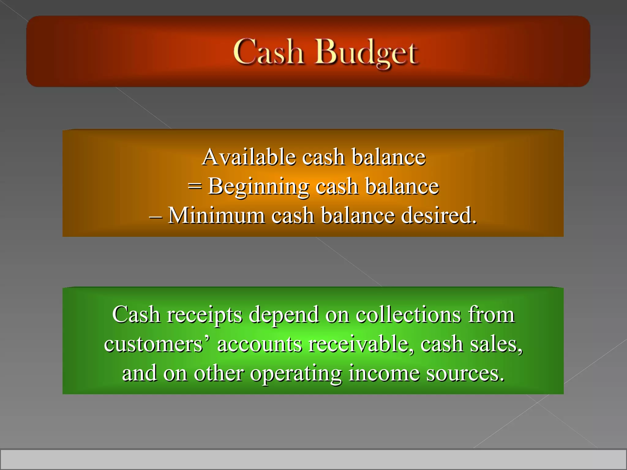 Available cash balance = Beginning cash balance –  Minimum cash balance desired. Cash receipts depend on collections from customers’ accounts receivable, cash sales, and on other operating income sources. 