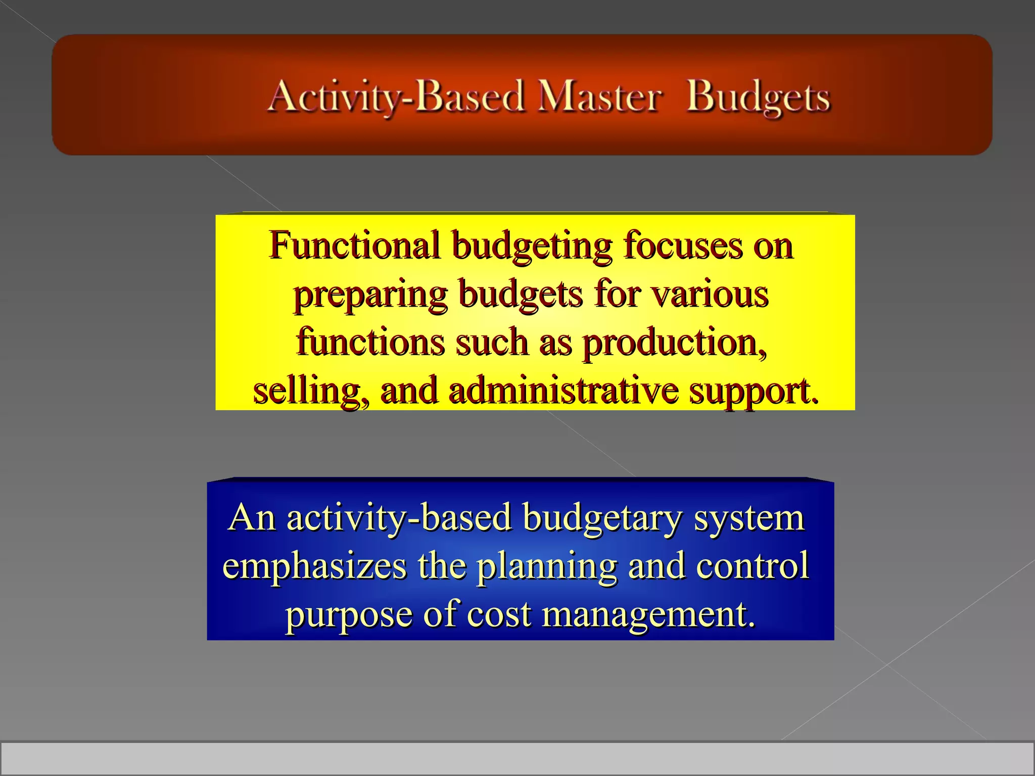 An activity-based budgetary system  emphasizes the planning and control  purpose of cost management. Functional budgeting focuses on  preparing budgets for various  functions such as production,  selling, and administrative support. 